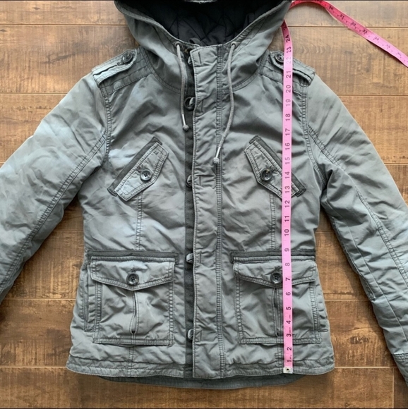 TNA Grey Green Hooded Zip Up Platoon Jacket With Buttons & Cinch Waist Sz Small - Picture 4 of 8
